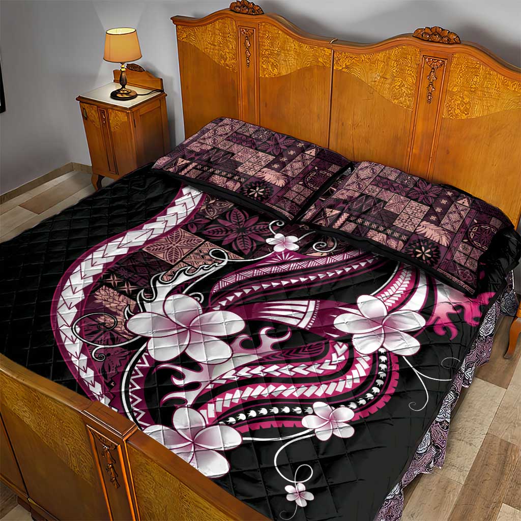 Samoa Siapo Tribal Pattern Quilt Bed Set Violet Polynesian Plumeria Tapa Motif
