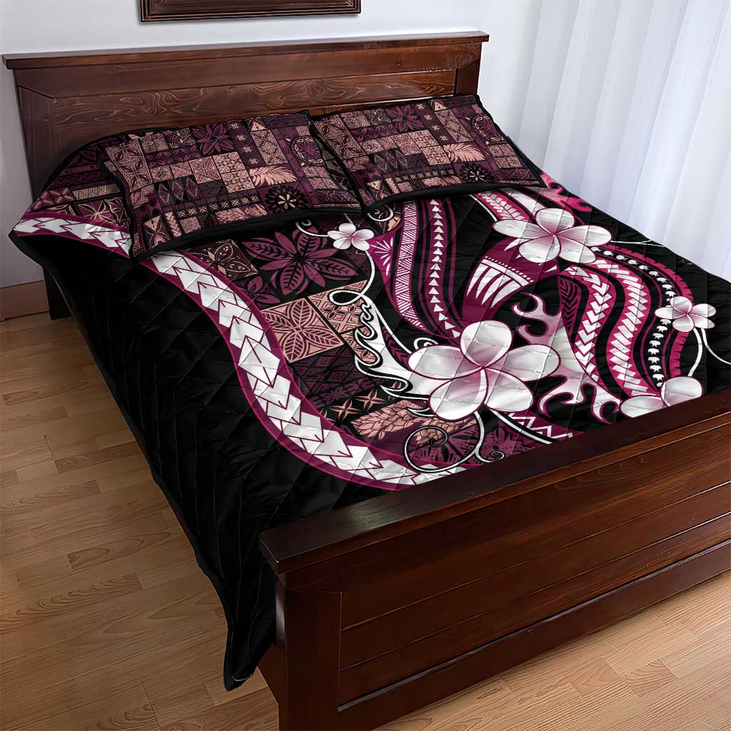 Samoa Siapo Tribal Pattern Quilt Bed Set Violet Polynesian Plumeria Tapa Motif