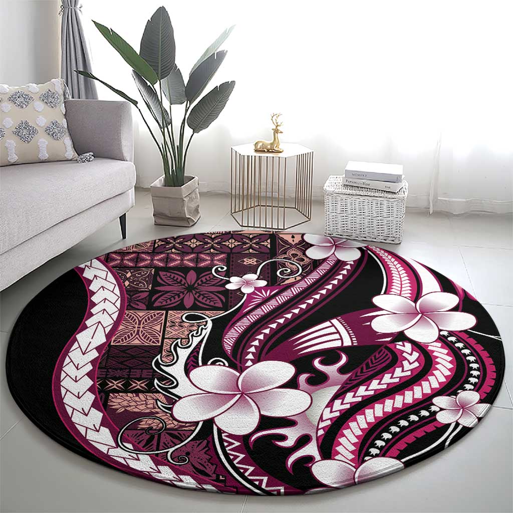 Samoa Siapo Tribal Pattern Round Carpet Violet Polynesian Plumeria Tapa Motif