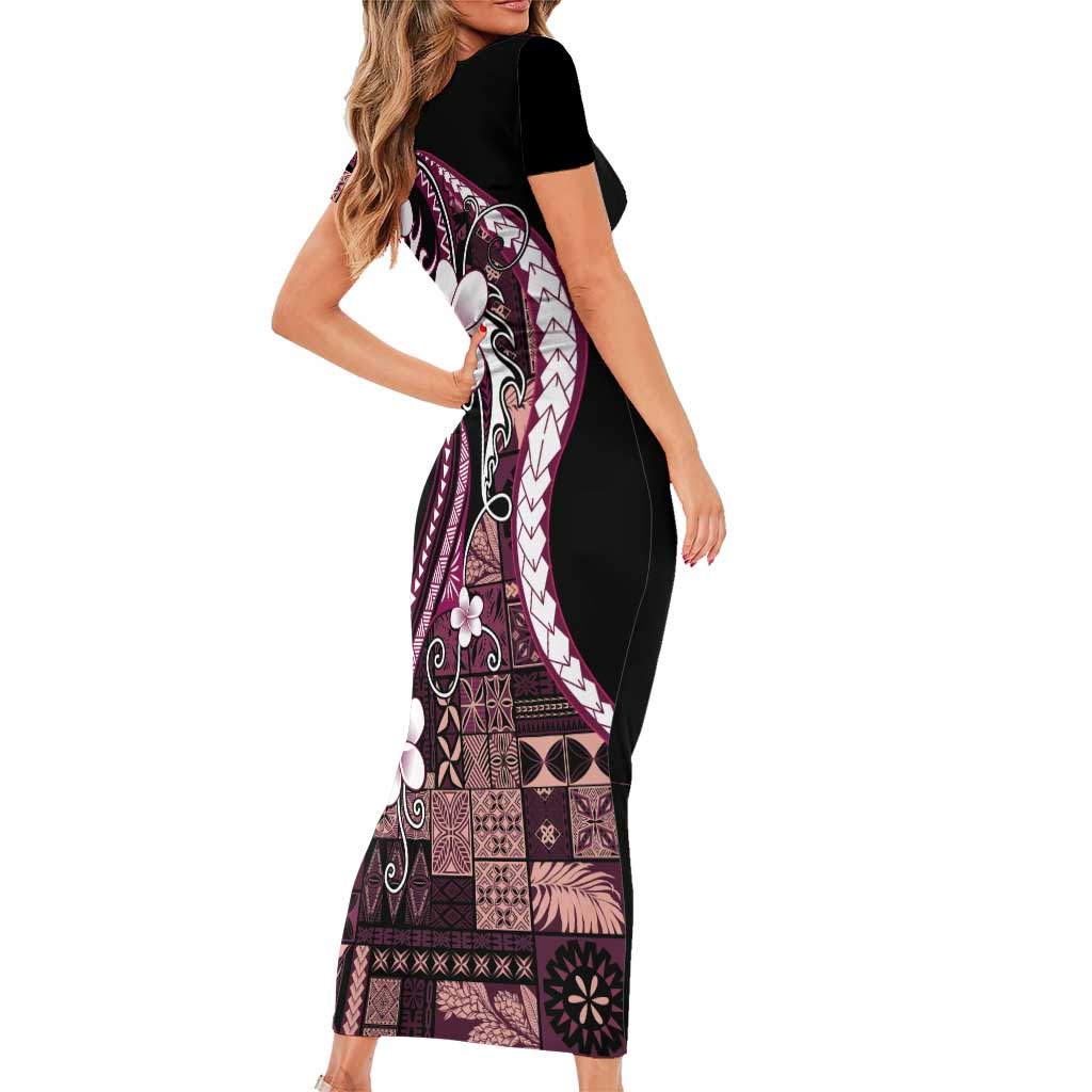 Samoa Siapo Tribal Pattern Short Sleeve Bodycon Dress Violet Polynesian Plumeria Tapa Motif