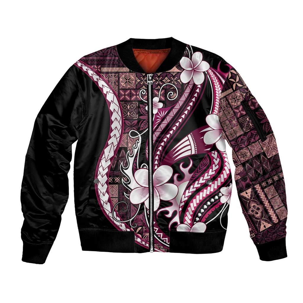 Samoa Siapo Tribal Pattern Sleeve Zip Bomber Jacket Violet Polynesian Plumeria Tapa Motif