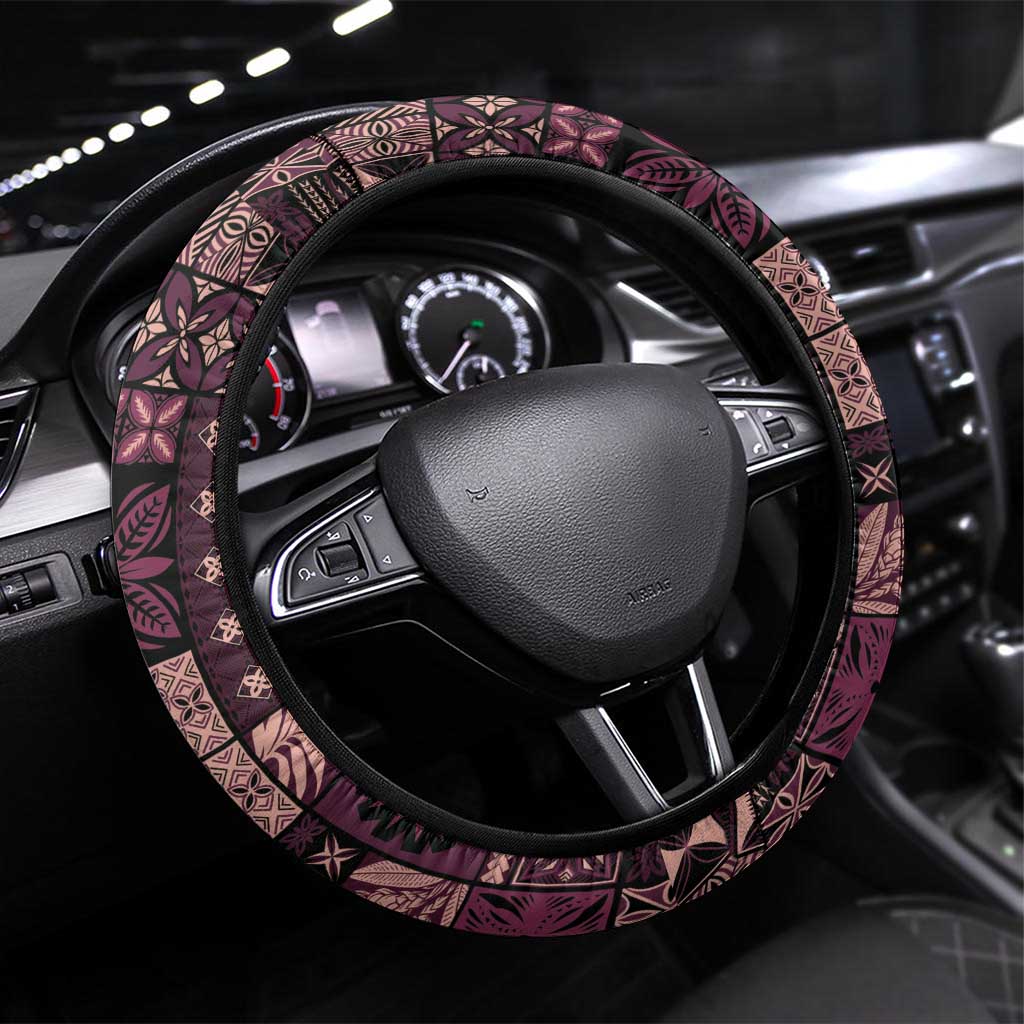 Samoa Siapo Tribal Pattern Steering Wheel Cover Violet Polynesian Plumeria Tapa Motif