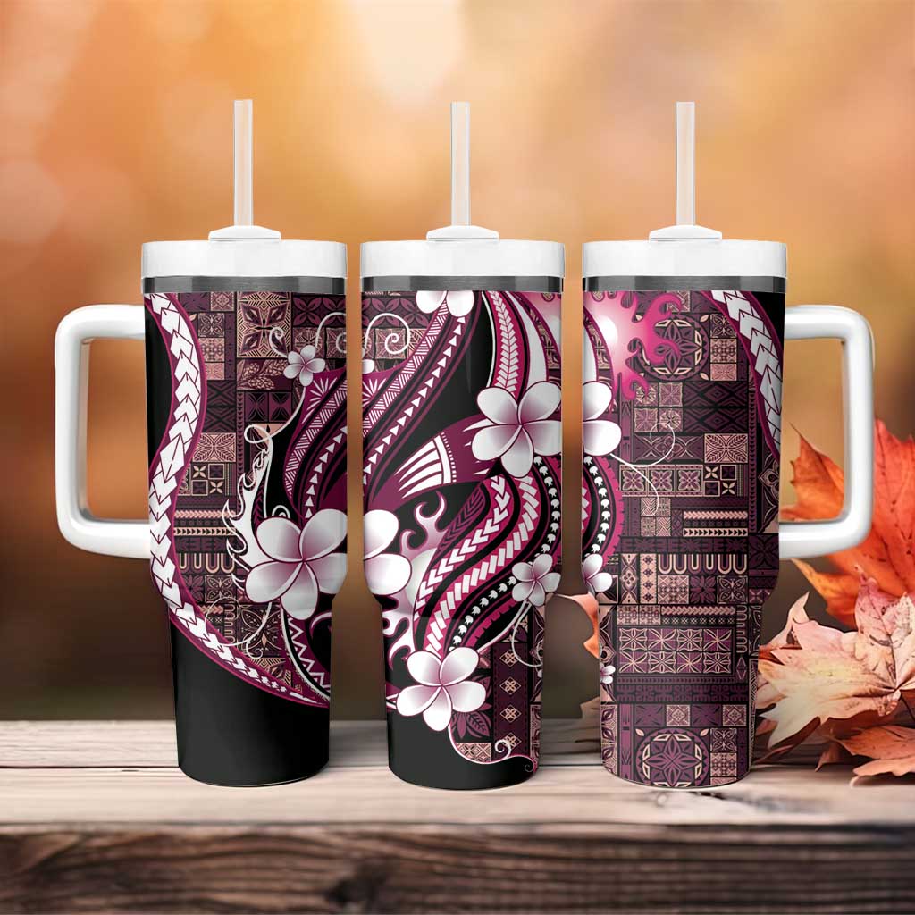 Samoa Siapo Tribal Pattern Tumbler With Handle Violet Polynesian Plumeria Tapa Motif