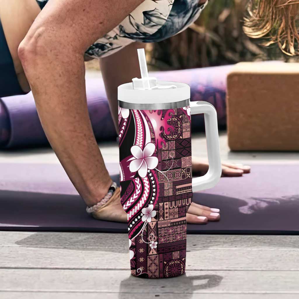 Samoa Siapo Tribal Pattern Tumbler With Handle Violet Polynesian Plumeria Tapa Motif