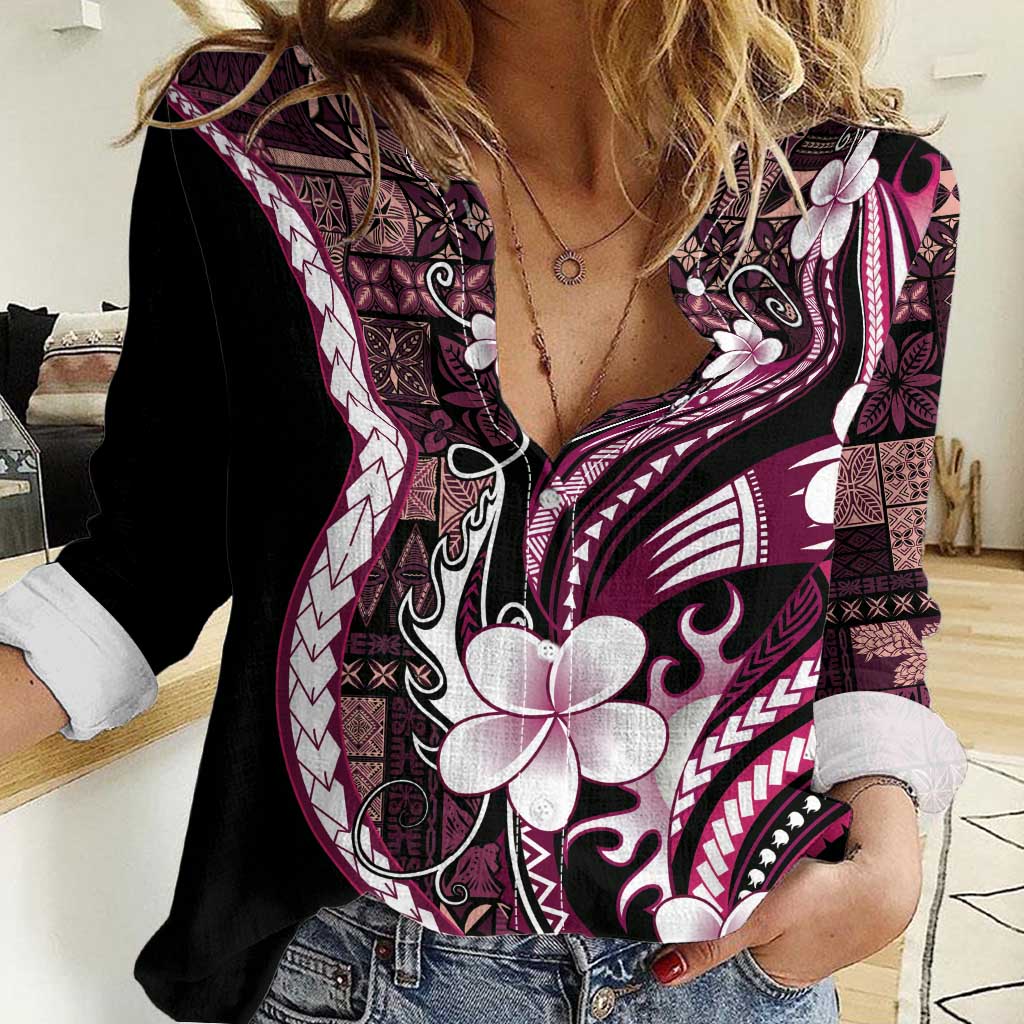 Samoa Siapo Tribal Pattern Women Casual Shirt Violet Polynesian Plumeria Tapa Motif