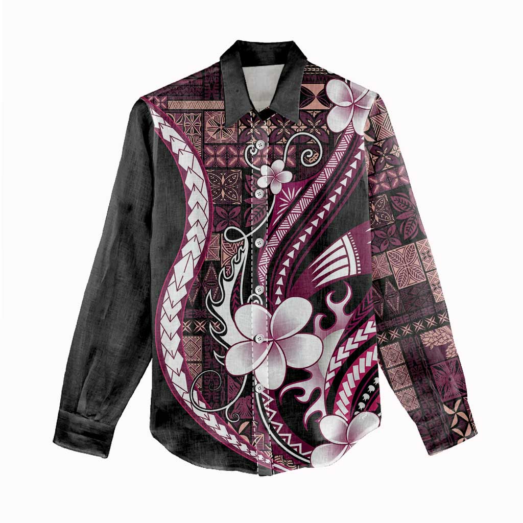 Samoa Siapo Tribal Pattern Women Casual Shirt Violet Polynesian Plumeria Tapa Motif