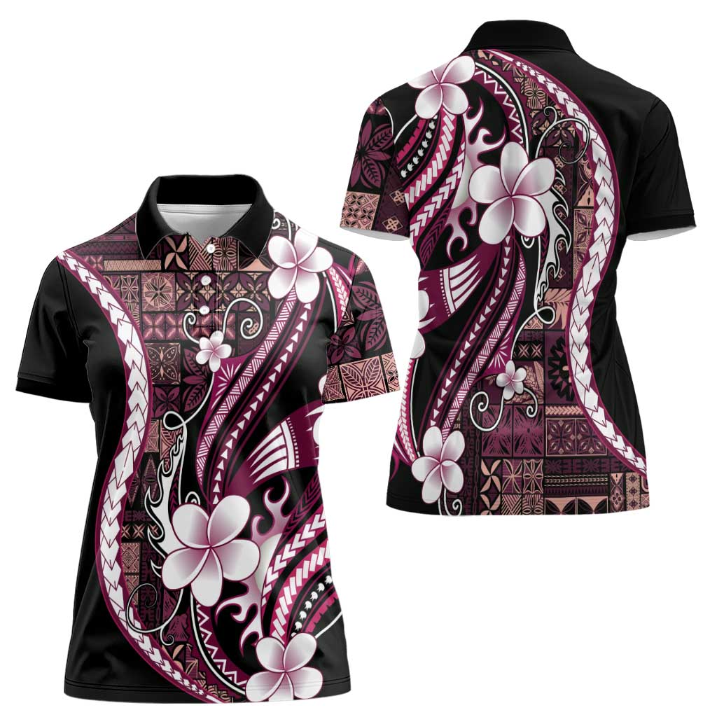 Samoa Siapo Tribal Pattern Women Polo Shirt Violet Polynesian Plumeria Tapa Motif