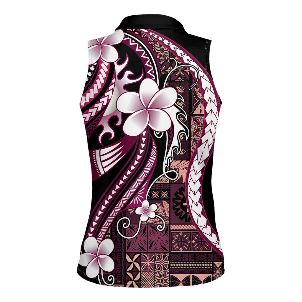 Samoa Siapo Tribal Pattern Women Sleeveless Polo Shirt Violet Polynesian Plumeria Tapa Motif