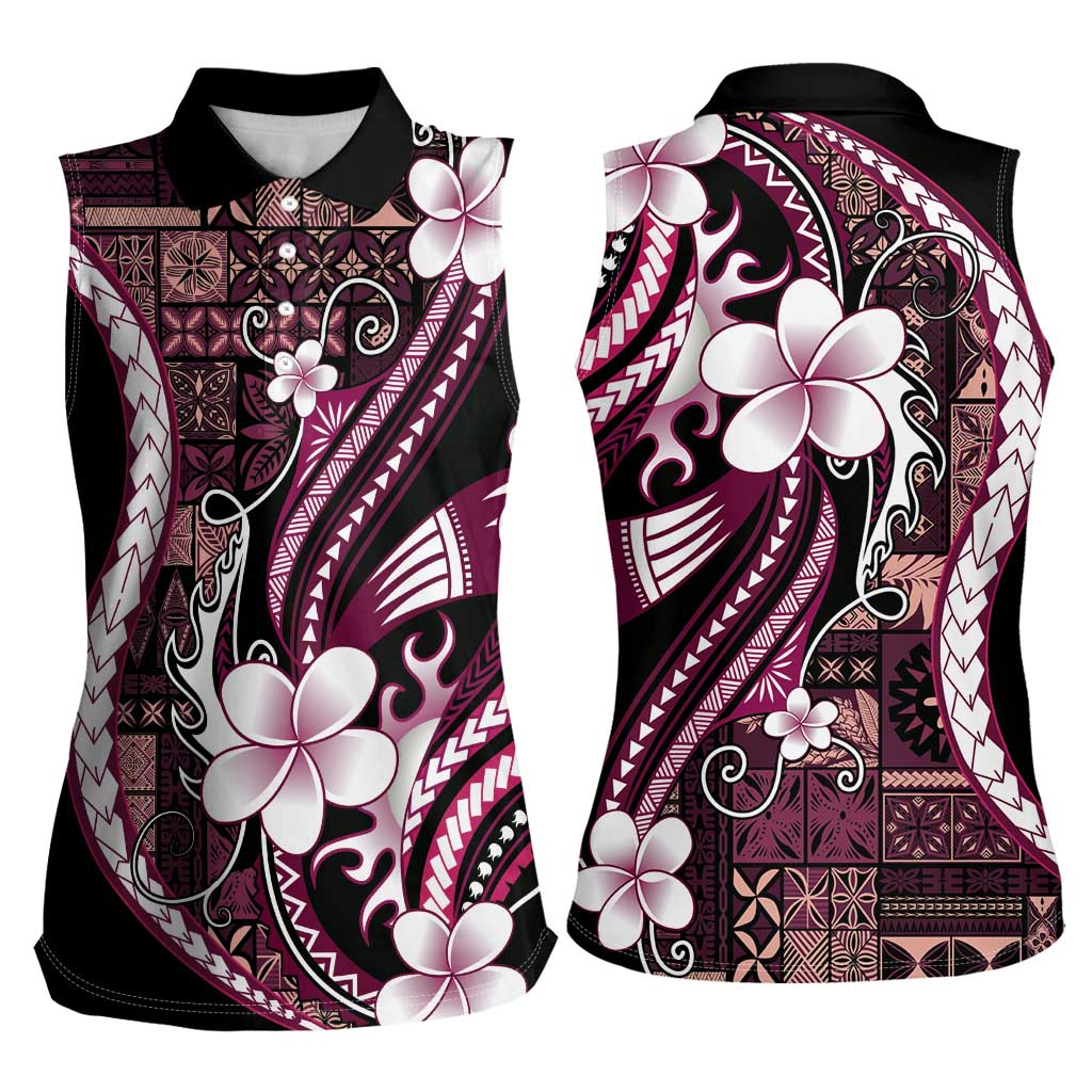 Samoa Siapo Tribal Pattern Women Sleeveless Polo Shirt Violet Polynesian Plumeria Tapa Motif