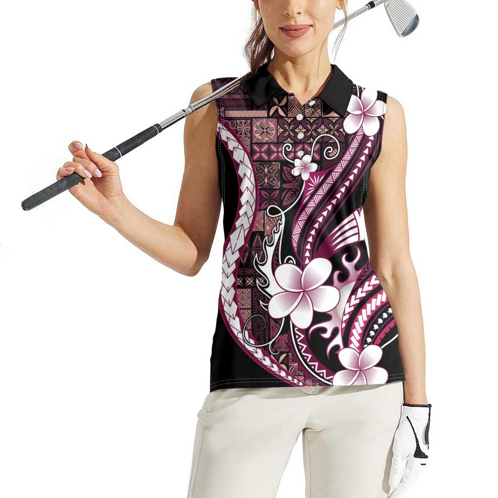 Samoa Siapo Tribal Pattern Women Sleeveless Polo Shirt Violet Polynesian Plumeria Tapa Motif