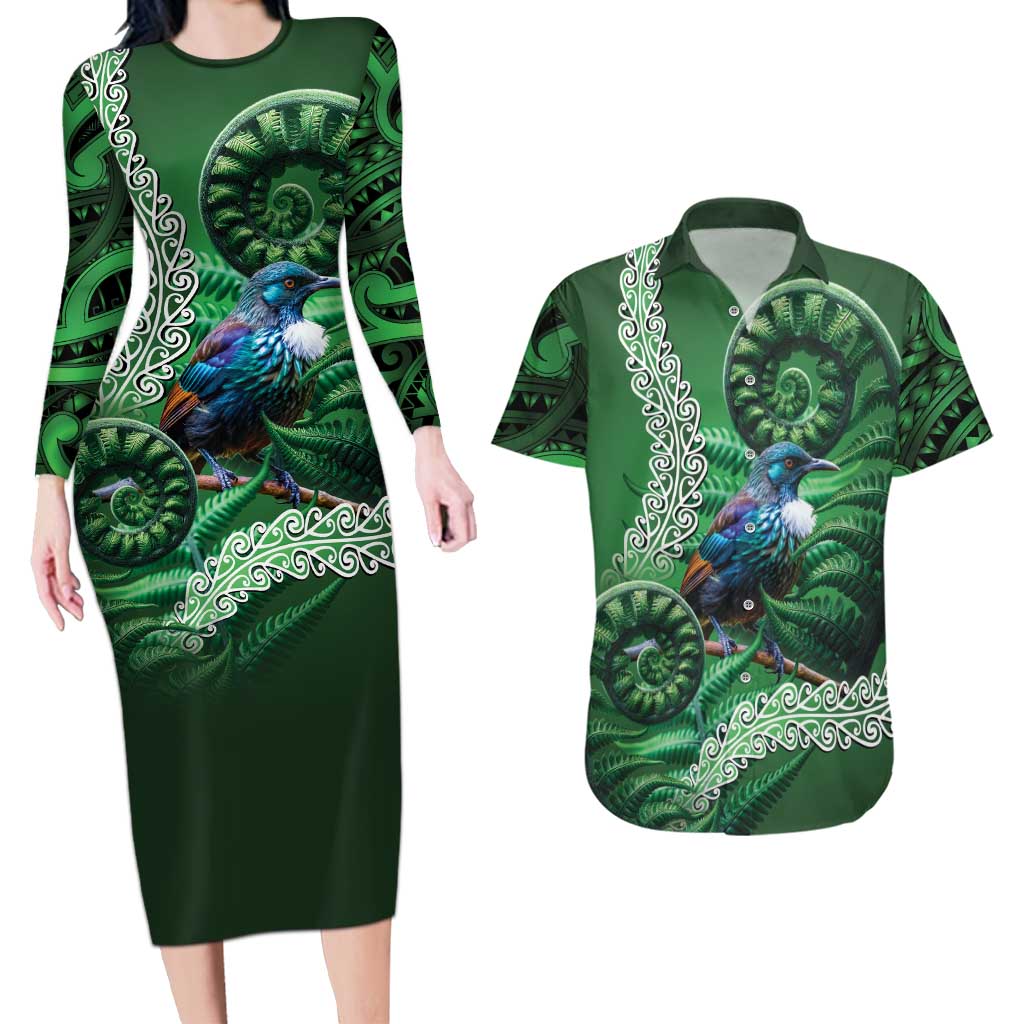 Tui Bird Koru Silver Fern Aotearoa Couples Matching Long Sleeve Bodycon Dress and Hawaiian Shirt
