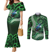 Tui Bird Koru Silver Fern Aotearoa Couples Matching Mermaid Dress and Long Sleeve Button Shirt LT9 Green - Polynesian Pride
