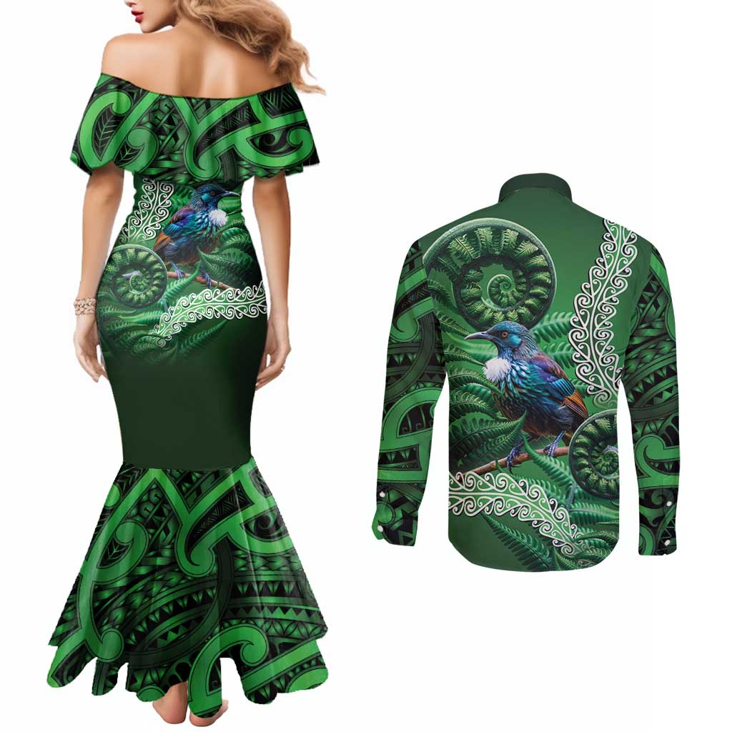 Tui Bird Koru Silver Fern Aotearoa Couples Matching Mermaid Dress and Long Sleeve Button Shirt LT9 - Polynesian Pride