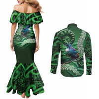 Tui Bird Koru Silver Fern Aotearoa Couples Matching Mermaid Dress and Long Sleeve Button Shirt LT9 - Polynesian Pride