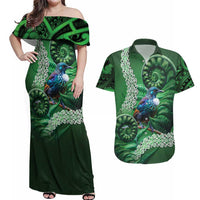 Tui Bird Koru Silver Fern Aotearoa Couples Matching Off Shoulder Maxi Dress and Hawaiian Shirt