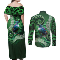 Tui Bird Koru Silver Fern Aotearoa Couples Matching Off Shoulder Maxi Dress and Long Sleeve Button Shirt