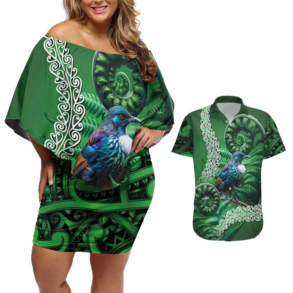 Tui Bird Koru Silver Fern Aotearoa Couples Matching Off Shoulder Short Dress and Hawaiian Shirt LT9 Green - Polynesian Pride