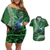 Tui Bird Koru Silver Fern Aotearoa Couples Matching Off Shoulder Short Dress and Hawaiian Shirt LT9 Green - Polynesian Pride