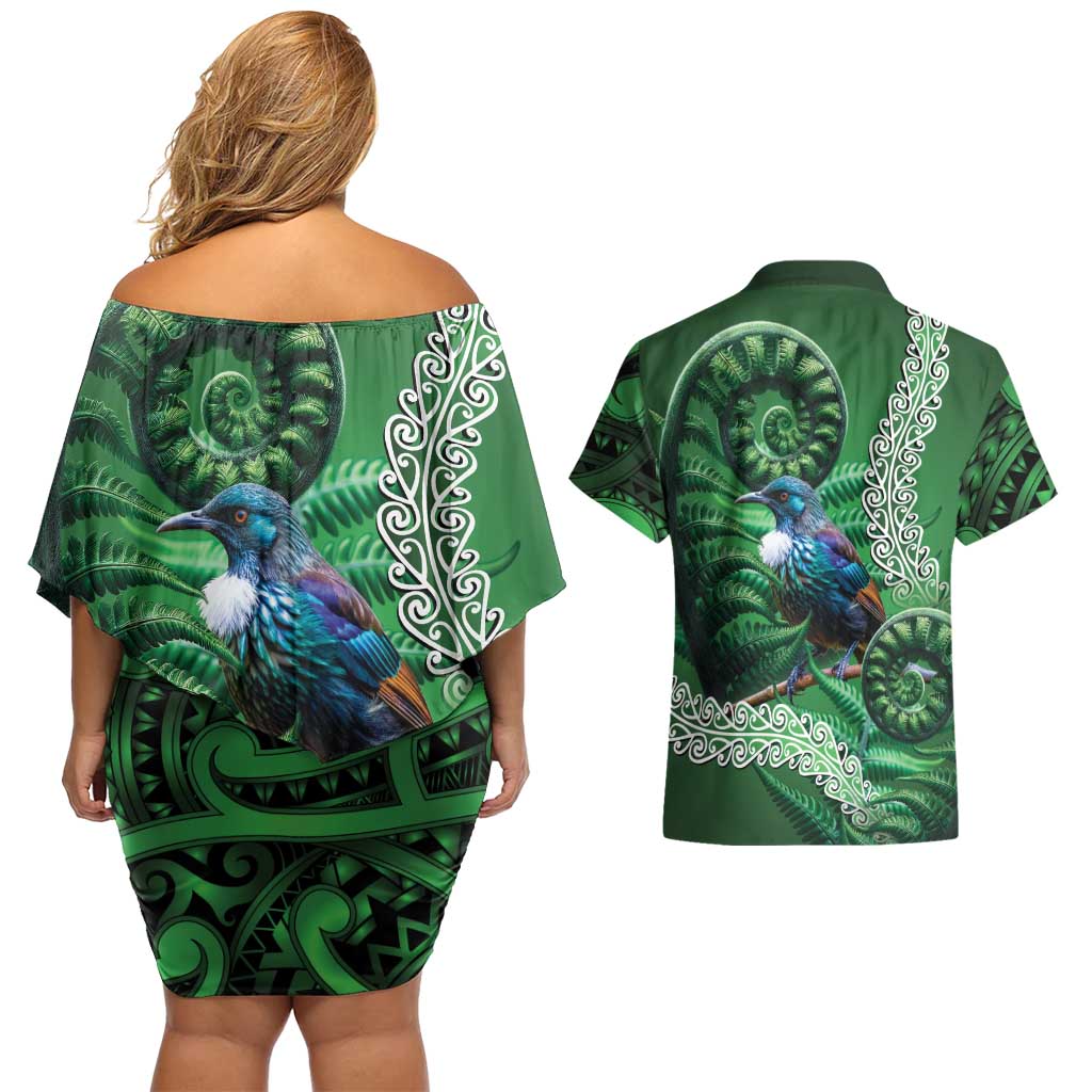 Tui Bird Koru Silver Fern Aotearoa Couples Matching Off Shoulder Short Dress and Hawaiian Shirt LT9 - Polynesian Pride