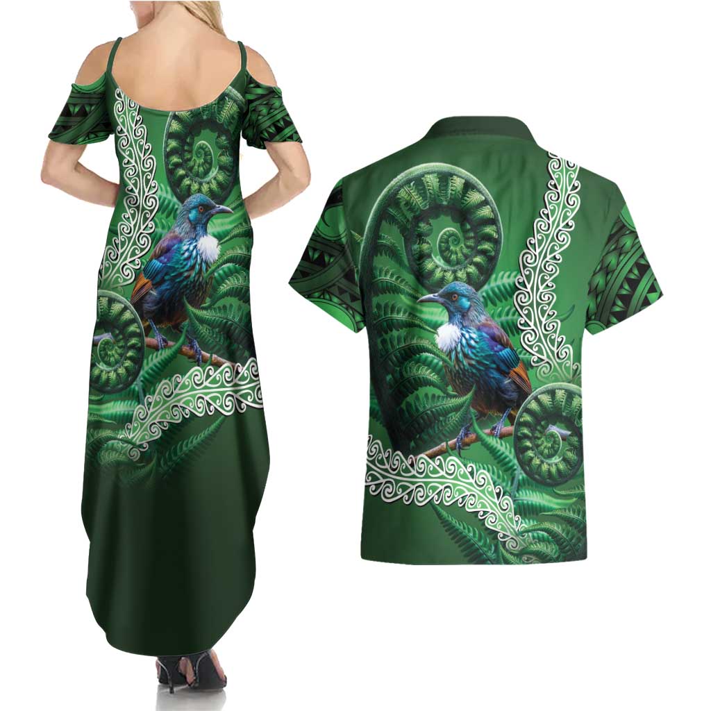 Tui Bird Koru Silver Fern Aotearoa Couples Matching Summer Maxi Dress and Hawaiian Shirt