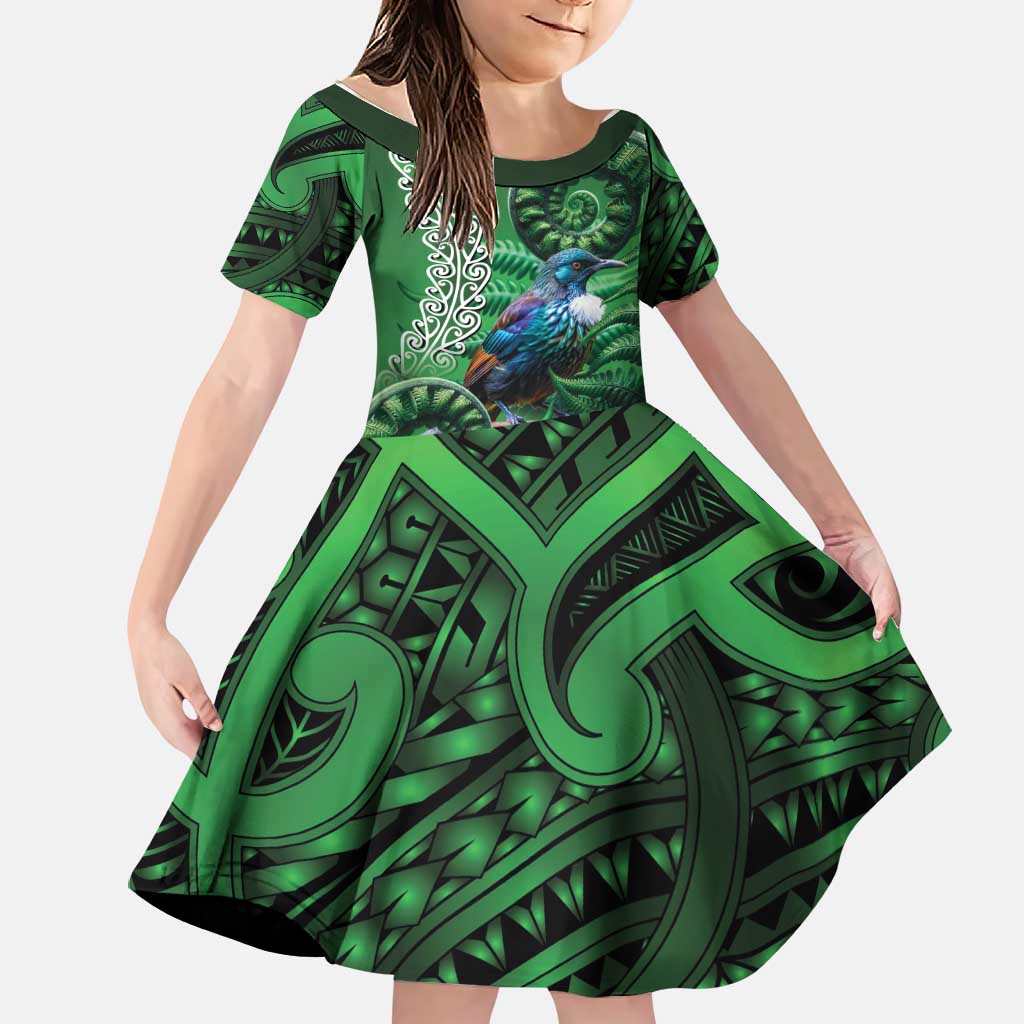 Tui Bird Koru Silver Fern Aotearoa Family Matching Mermaid Dress and Hawaiian Shirt LT9 Daughter's Dress Green - Polynesian Pride