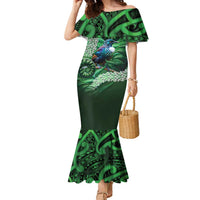 Tui Bird Koru Silver Fern Aotearoa Family Matching Mermaid Dress and Hawaiian Shirt LT9 Mom's Dress Green - Polynesian Pride