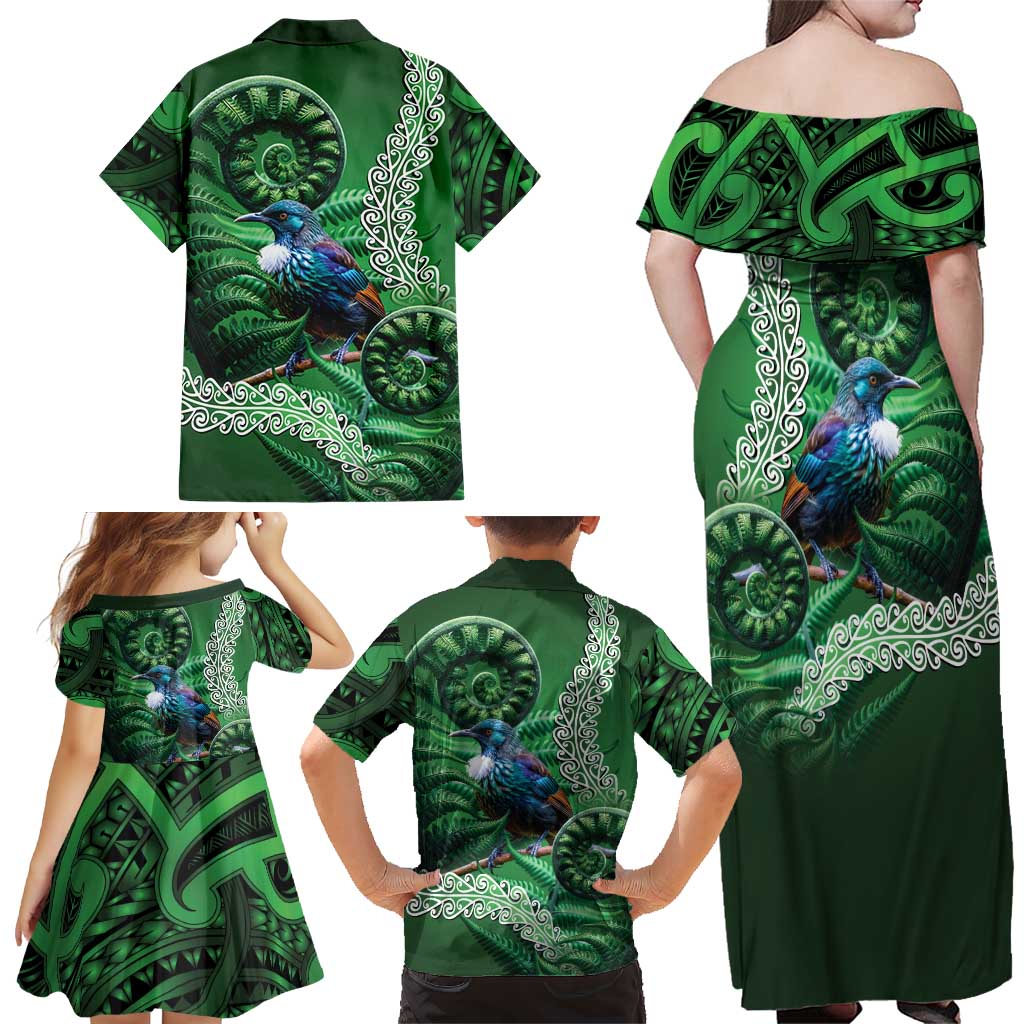 Tui Bird Koru Silver Fern Aotearoa Family Matching Off Shoulder Maxi Dress and Hawaiian Shirt LT9 - Polynesian Pride