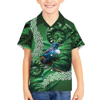 Tui Bird Koru Silver Fern Aotearoa Family Matching Off Shoulder Maxi Dress and Hawaiian Shirt LT9 Son's Shirt Green - Polynesian Pride