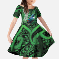 Tui Bird Koru Silver Fern Aotearoa Family Matching Short Sleeve Bodycon Dress and Hawaiian Shirt LT9 Daughter's Dress Green - Polynesian Pride