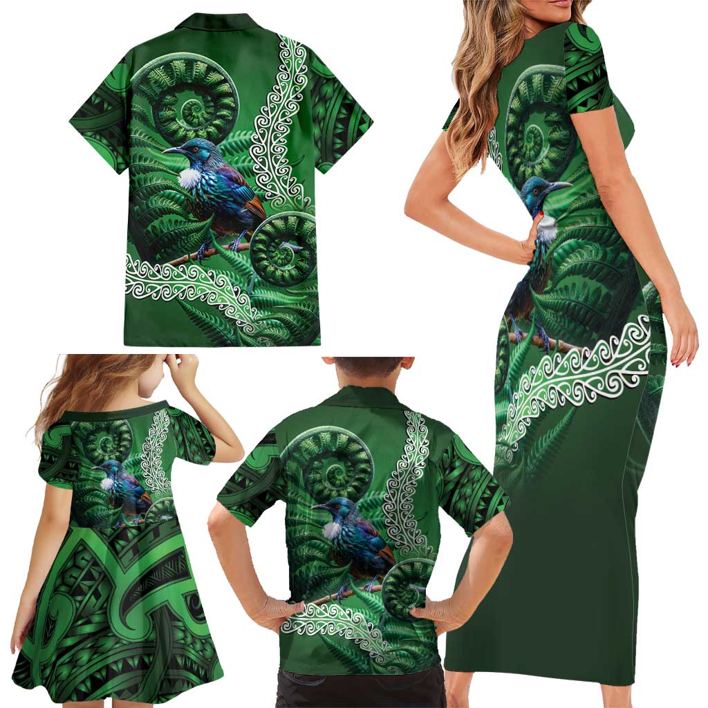 Tui Bird Koru Silver Fern Aotearoa Family Matching Short Sleeve Bodycon Dress and Hawaiian Shirt LT9 - Polynesian Pride