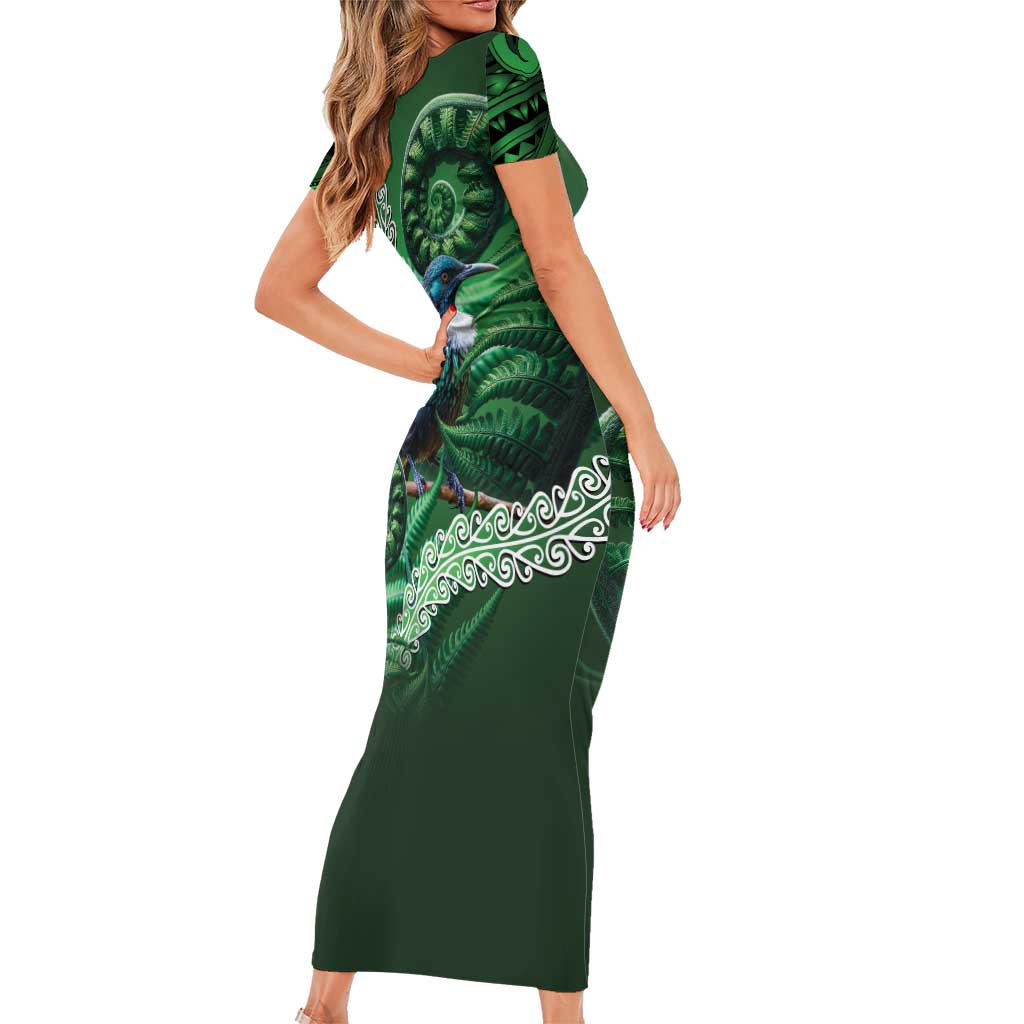 Tui Bird Koru Silver Fern Aotearoa Family Matching Short Sleeve Bodycon Dress and Hawaiian Shirt LT9 - Polynesian Pride