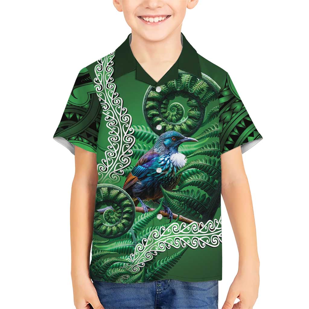 Tui Bird Koru Silver Fern Aotearoa Family Matching Short Sleeve Bodycon Dress and Hawaiian Shirt LT9 Son's Shirt Green - Polynesian Pride