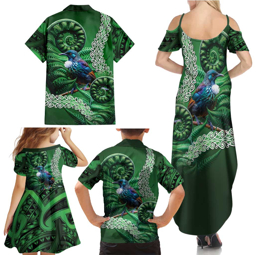 Tui Bird Koru Silver Fern Aotearoa Family Matching Summer Maxi Dress and Hawaiian Shirt LT9 - Polynesian Pride