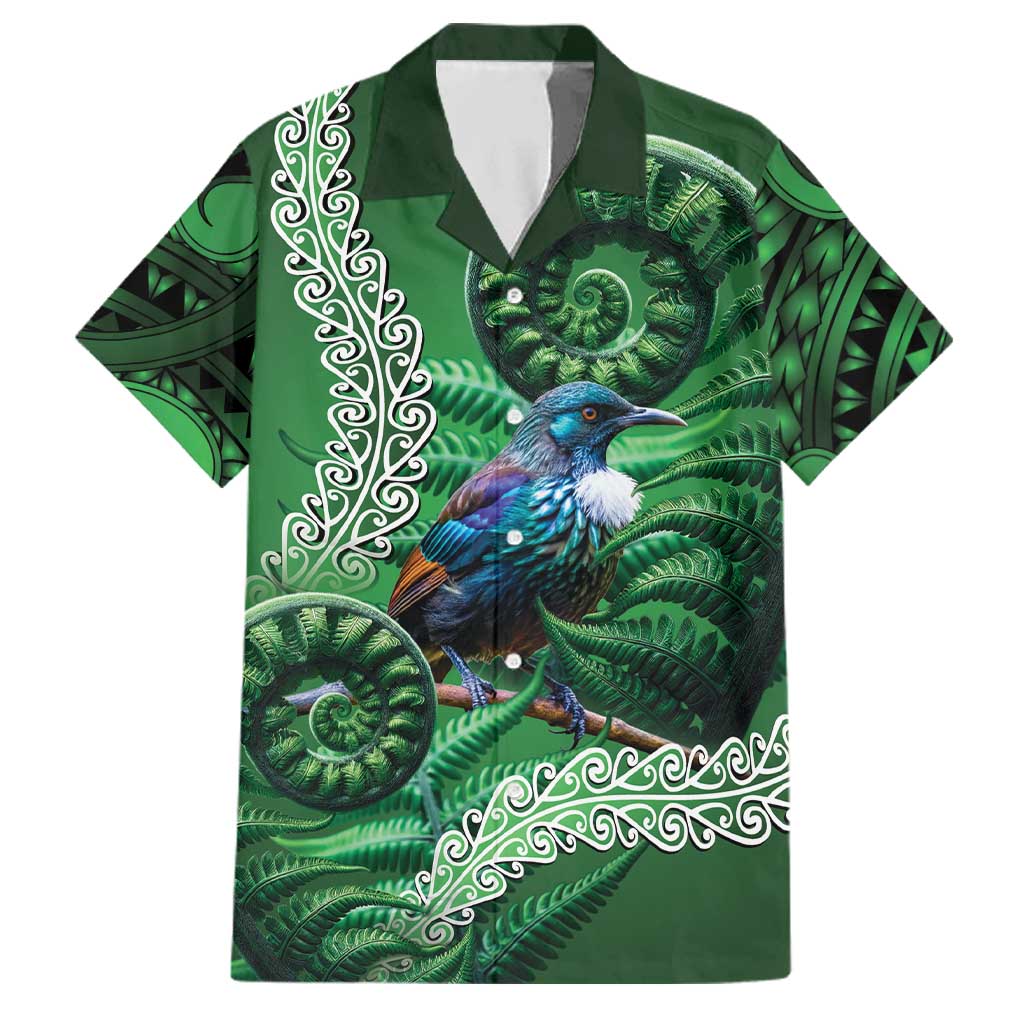 Tui Bird Koru Silver Fern Aotearoa Family Matching Summer Maxi Dress and Hawaiian Shirt LT9 Dad's Shirt - Short Sleeve Green - Polynesian Pride
