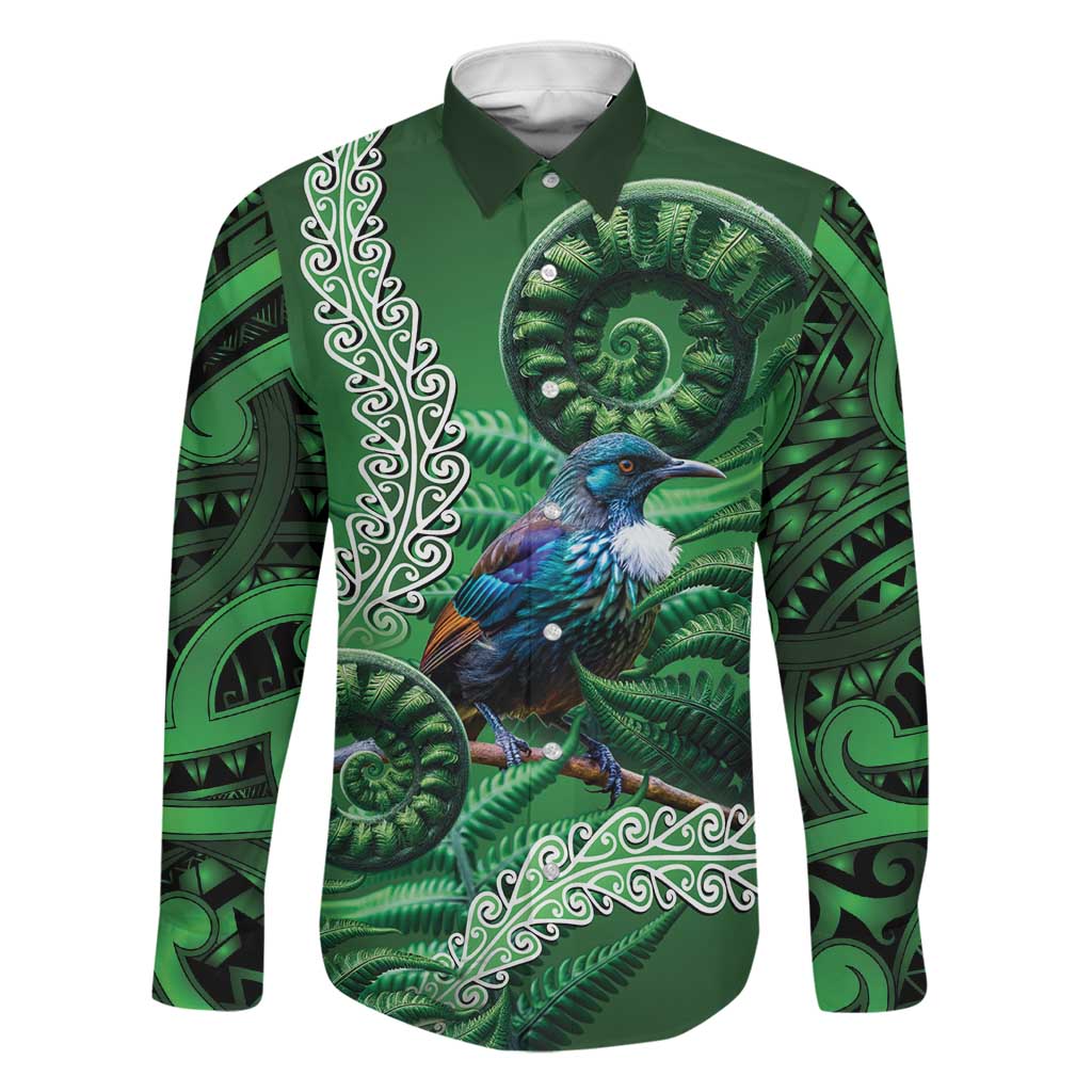 Tui Bird Koru Silver Fern Aotearoa Family Matching Summer Maxi Dress and Hawaiian Shirt LT9 Dad's Shirt - Long Sleeve Green - Polynesian Pride