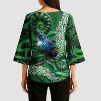 Tui Bird Koru Silver Fern Aotearoa Kimono Sleeve Blouse