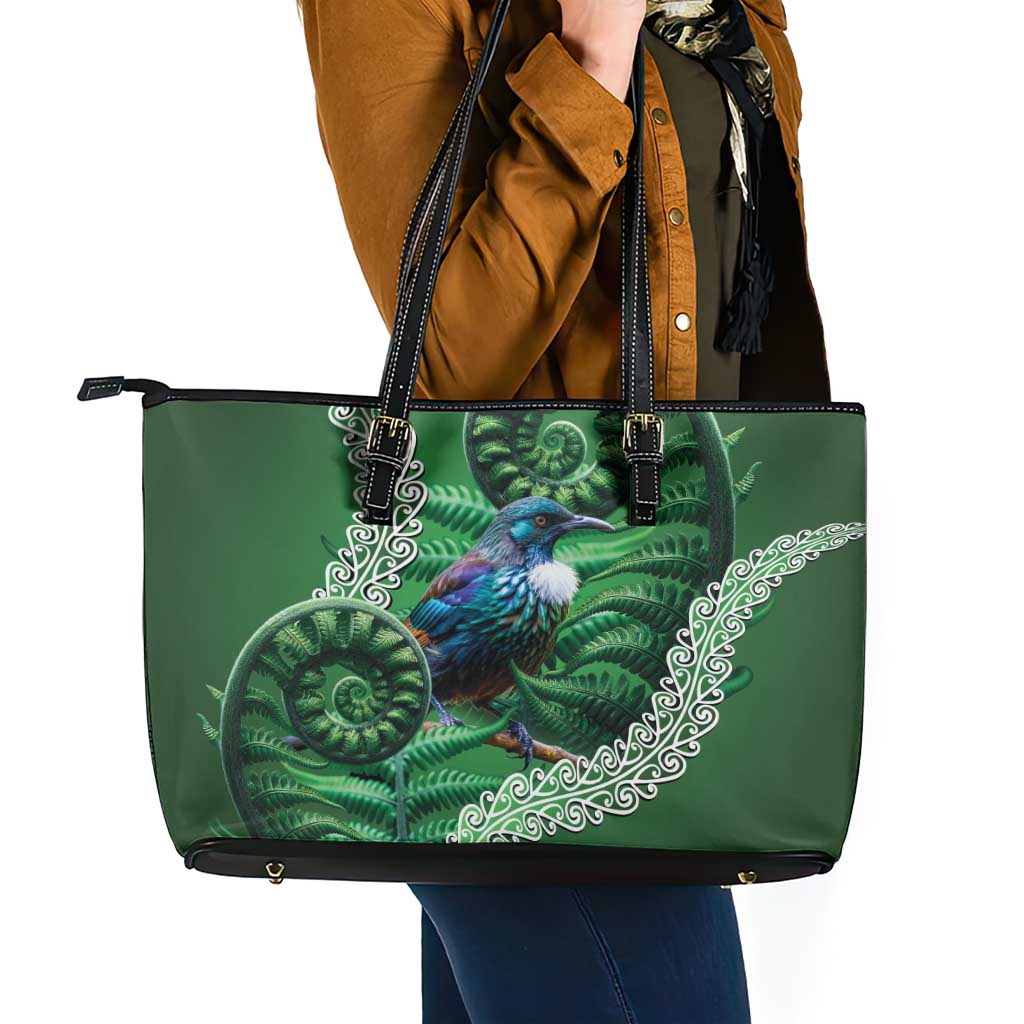 Tui Bird Koru Silver Fern Aotearoa Leather Tote Bag