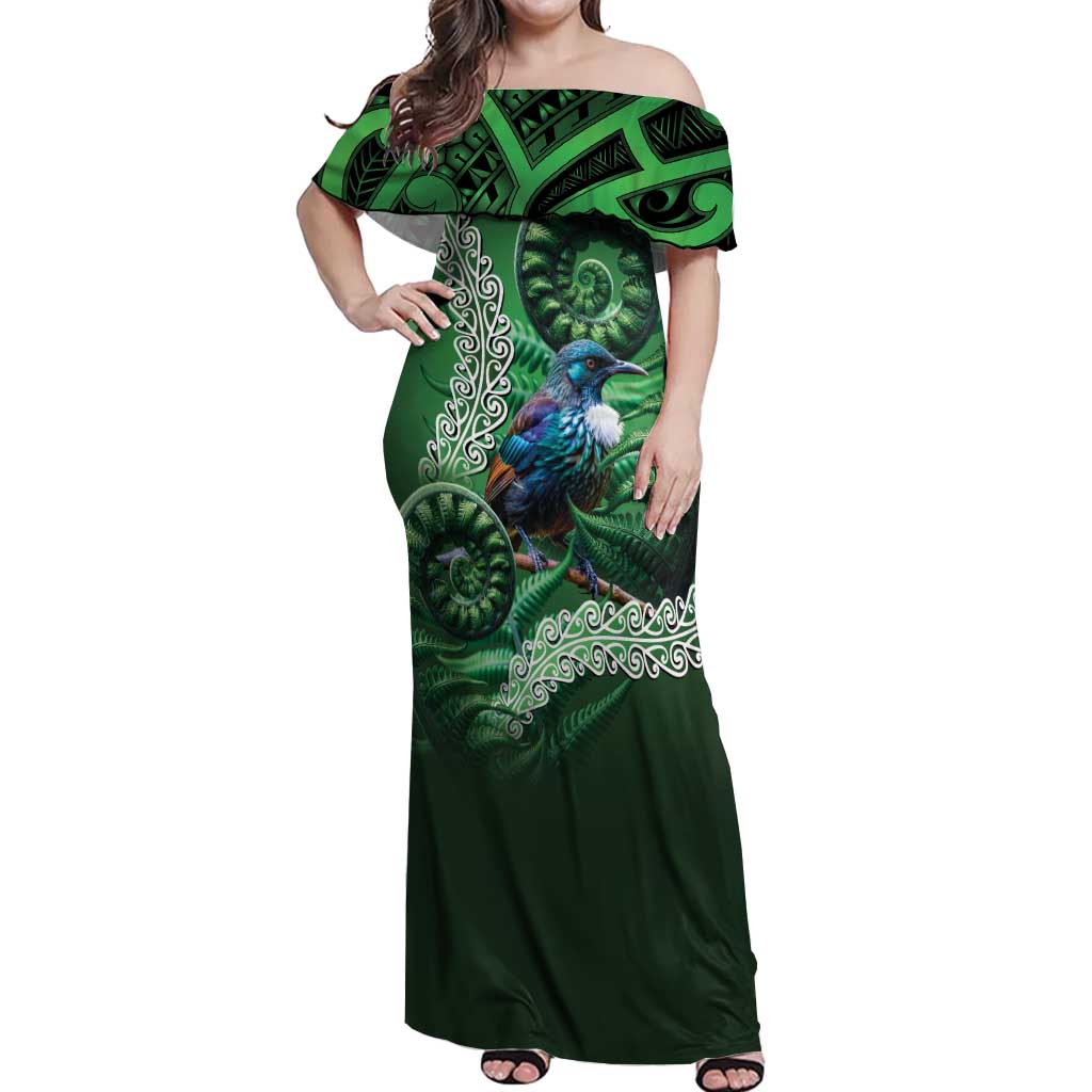 Tui Bird Koru Silver Fern Aotearoa Off Shoulder Maxi Dress