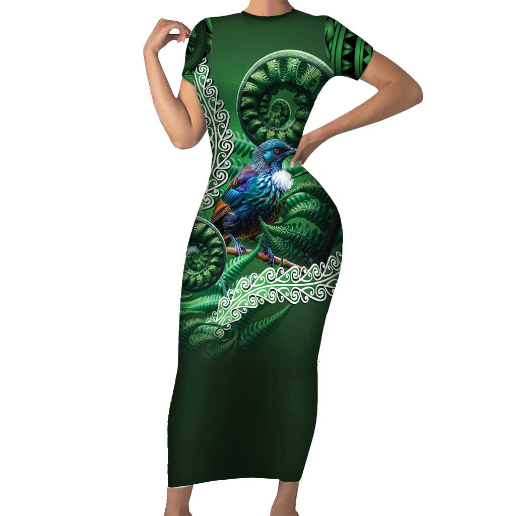 Tui Bird Koru Silver Fern Aotearoa Short Sleeve Bodycon Dress
