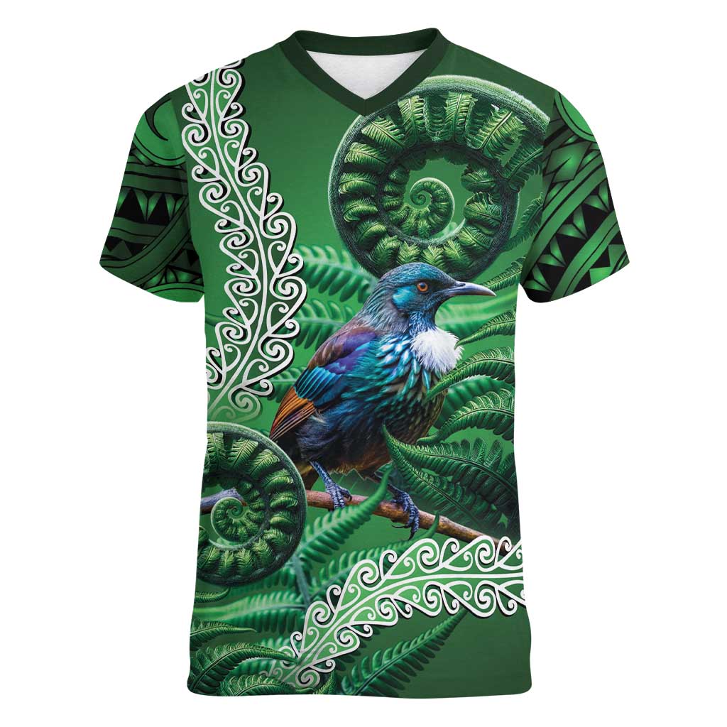 Tui Bird Koru Silver Fern Aotearoa Women V-Neck T-Shirt
