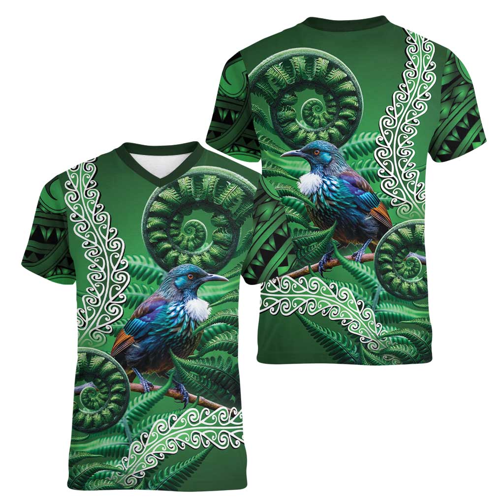 Tui Bird Koru Silver Fern Aotearoa Women V-Neck T-Shirt