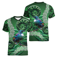 Tui Bird Koru Silver Fern Aotearoa Women V-Neck T-Shirt