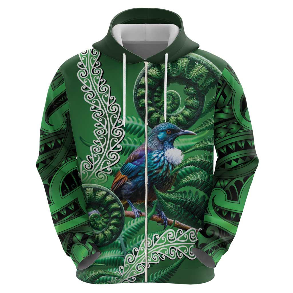Tui Bird Koru Silver Fern Aotearoa Zip Hoodie