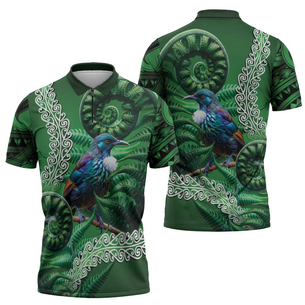 Tui Bird Koru Silver Fern Aotearoa Zipper Polo Shirt