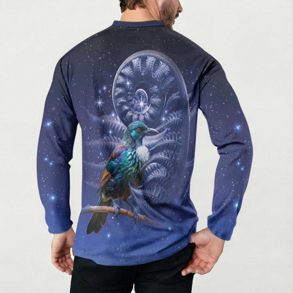 Tui Bird Matariki Galaxy Button Sweatshirt Koru Silver Fern Aotearoa