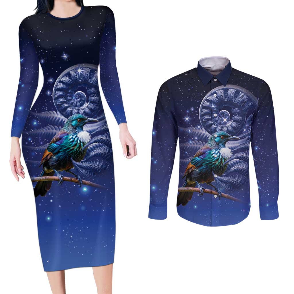 Tui Bird Matariki Galaxy Couples Matching Long Sleeve Bodycon Dress and Long Sleeve Button Shirt Koru Silver Fern Aotearoa