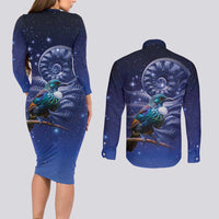 Tui Bird Matariki Galaxy Couples Matching Long Sleeve Bodycon Dress and Long Sleeve Button Shirt Koru Silver Fern Aotearoa