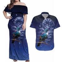 Tui Bird Matariki Galaxy Couples Matching Off Shoulder Maxi Dress and Hawaiian Shirt Koru Silver Fern Aotearoa
