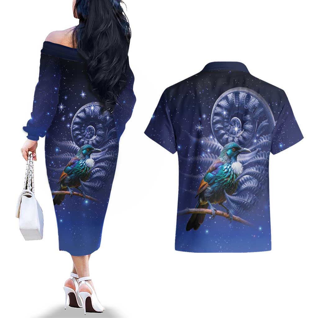 Tui Bird Matariki Galaxy Couples Matching Off The Shoulder Long Sleeve Dress and Hawaiian Shirt Koru Silver Fern Aotearoa LT9 - Polynesian Pride