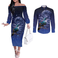 Tui Bird Matariki Galaxy Couples Matching Off The Shoulder Long Sleeve Dress and Long Sleeve Button Shirt Koru Silver Fern Aotearoa LT9 Galaxy - Polynesian Pride